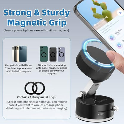 Vacuum Magnetic Phone Holder with Metal Ring Compatible with iPhone 17 All Phone, Portable Universal Collapsible Magnetic Phone Stand, Car Mount with Strong Suction Cup - color: Deep black
