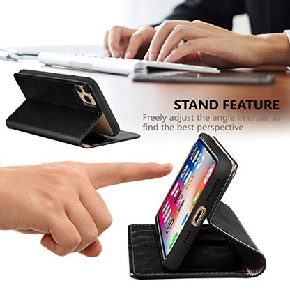 Belemay Compatible with iPhone 11 Pro Max Wallet Case, Genuine Cowhide Leather Case [RFID Blocking] Card Holder Slots Folio Flip Cover Kickstand(6.5"), Black - color: Black, size: iPhone 11 Pro Max