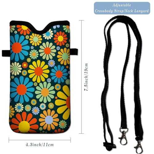 Neoprene Cell Phone Pouch 7.5 X 4.3 in Cloth Mobile Protection Case Bag with Crossbody Strap Neck Lanyard Cell Phone Case Hippie Flower Printed Pattern - color: Hippie Flower Printed Pattern