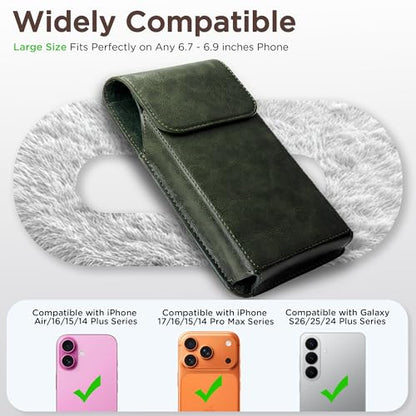 Holster for iPhone 17 Pro Max 16 Pro Max 15 Pro Max 14 Pro Max 13 Pro Max 16 Plus 15 Plus 14 Plus, Premium Leather Pouch with Belt Clip Phone Holster Belt Case, Green -L - color: Green, size: Large