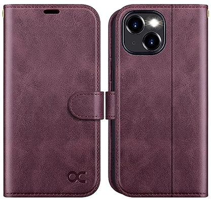 OCASE Compatible with iPhone 15 Wallet Case, PU Leather Flip Folio Case with Card Holders RFID Blocking Kickstand [Shockproof TPU Inner Shell] Phone Cover 6.1 Inch 2023, Mulberry - color: Mulberry