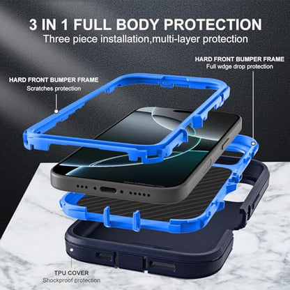 YKHJKLEC for iPhone 16 Pro Case, Military Grade 3 in 1 Heavy Duty Shockproof/Drop Proof/Dust Proof Case with 2Pcs Tempered Glass Screen Protector (Navy Blue) - color: Navy Blue