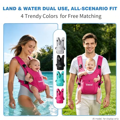 Yosoai Premium Neoprene Water Baby Carrier, Safer Wider 50mm Strap & 60mm Slide Lock Buckle, Ergonomic X+H Back Support, Quick Dry Land & Water Baby Carrier with Waterproof Phone Pouch - color: Hot Pink