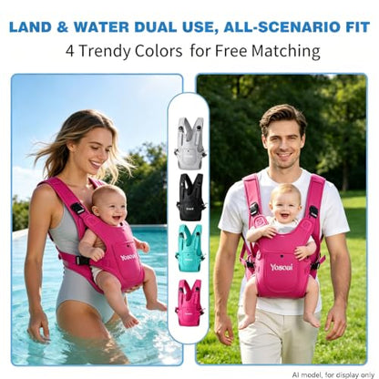 Yosoai Premium Neoprene Water Baby Carrier, Safer Wider 50mm Strap & 60mm Slide Lock Buckle, Ergonomic X+H Back Support, Quick Dry Land & Water Baby Carrier with Waterproof Phone Pouch - color: Hot Pink
