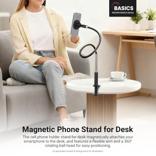 NEEWER Basics Magnetic Phone Stand for Desk, 360° Overhead Table Cellphone Holder Clamp Mount with Flexible Arm, Compatible with MagSafe iPhone Android Samsung for Bed Video Recording, PA151 Black