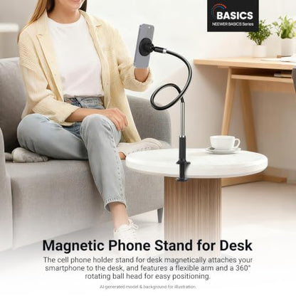 NEEWER Basics Magnetic Phone Stand for Desk, 360° Overhead Table Cellphone Holder Clamp Mount with Flexible Arm, Compatible with MagSafe iPhone Android Samsung for Bed Video Recording, PA151 Black