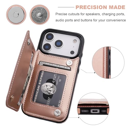 ONETOP for iPhone 17 Pro Wallet Case with Credit Card Holder,Rosegold | Kickstand,ID/Cash Holder,Case Wallet with Card Slots,Double Magnetic Clasp,Durable PU Leather Shockproof Cover for Women Men - color: Rose Gold