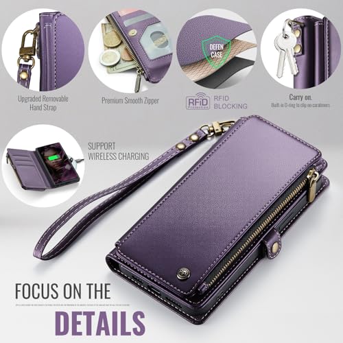 Defencase for Samsung Galaxy S22 Ultra Wallet Case with Card Holder, Purple | Durable PU Leather, with RFID Blocking Zipper Pocket, Wrist Strap, S22 Ultra Flip Phone Cases Cover with Stand for Women Men - color: Aesthetic Purple