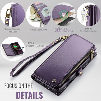 Defencase for Samsung Galaxy S22 Ultra Wallet Case with Card Holder, Purple | Durable PU Leather, with RFID Blocking Zipper Pocket, Wrist Strap, S22 Ultra Flip Phone Cases Cover with Stand for Women Men - color: Aesthetic Purple