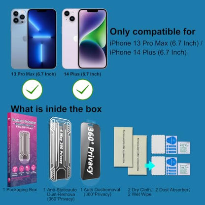 [2 Pack 4 Way Privacy Screen Protector for iPhone 13 Pro Max/iPhone 14 Plus, Anti-Spy Tempered Glass, 9H Hardness Shatterproof, 3D Curved Edges, Case-Friendly, Bubble-Free Easy Installation - size: for 13 Pro Max / 14 Plus