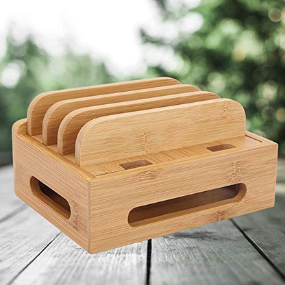 Oumefar Bamboo Multi-Device Stand Holder Charging Station Phone Tablet Charger Organizer 4 in 1 Charging Station for Multiple Devices for Meeting Rooms Restaurants Hotels and Homes
