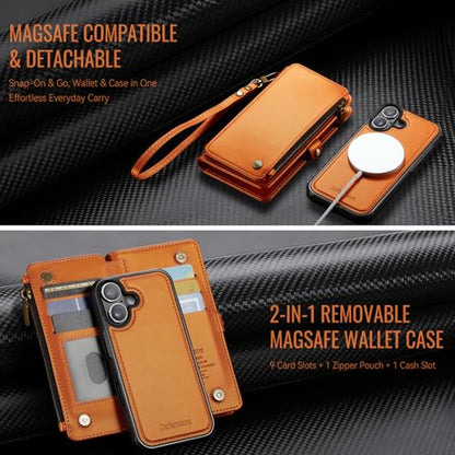 Defencase for iPhone 17 Phone Case Wallet Compatible with Magsafe, Orange | Magnetic Detachable, Drop-Proof Protective Wallet Cases Cover, with RFID Bolcking Card Holder, Zipper Strap, Soft PU Leather - color: (Detachable with Magsafe)-Orange