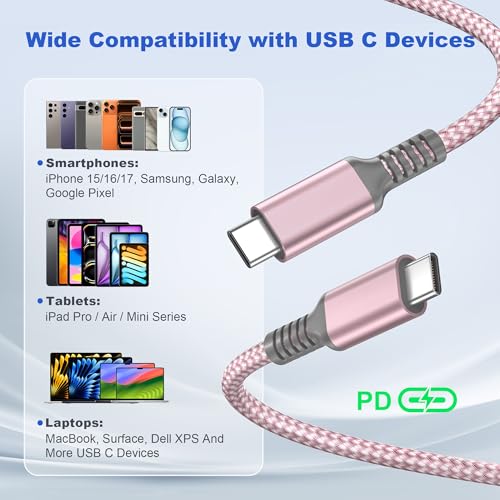 Basesailor USB C to USB C 60W Cable 3.3FT 2Pack Pink Braided Fast Charging - color: Pink, size: 3.3FT/1M
