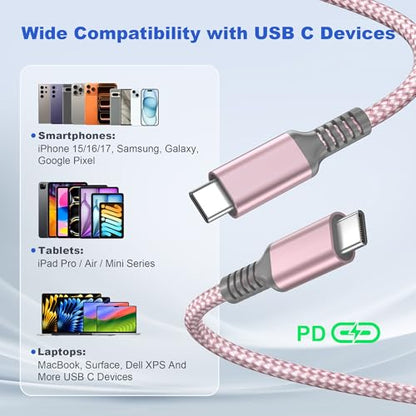 Basesailor USB C to USB C 60W Cable 6.6FT 2Pack Pink Braided Fast Charging - color: Pink, size: 6.6FT/2M