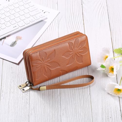GAEKEAO RFID Leather Wristlet Wallet for Women with Grip Strap | Large capacity clutch wallet, credit card holder, wrist strap, zipper purse, travel and shopping - color: A11 Embossed Brown