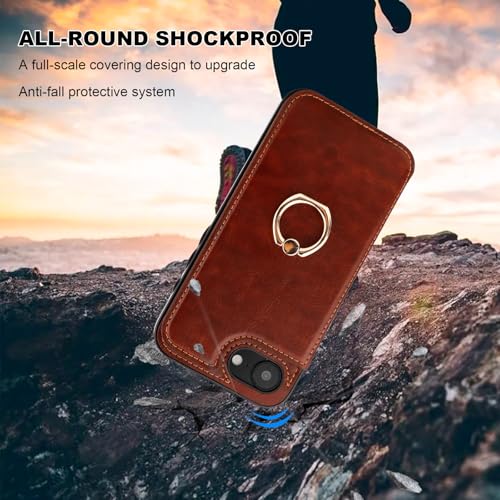 ONETOP for iPhone 17e/16e Wallet Case with Credit Card Holder,Brown | 360° Rotation Ring Kickstand,Finger Grip,Double Magnetic Clasp,RFID Blocking PU Leather Shockproof Cover for Women Men - color: Brown
