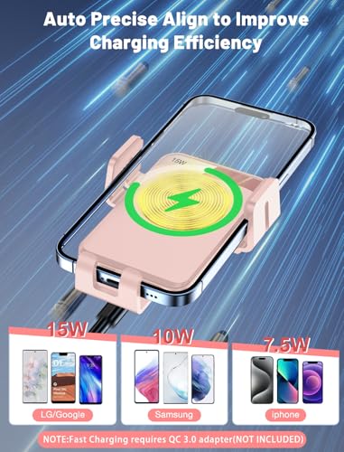 Wireless Car Charger Auto-Clamping Air Vent Car Mount 15W Fast Charging - color: Pink
