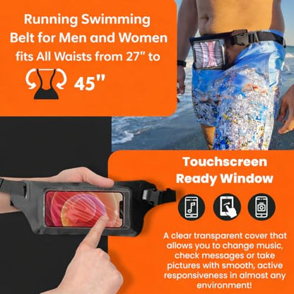 Ultimate Black Waterproof Running & Swimming Belt - Essentials Holder for Gym, Beach, Kayaking, Ski - Fits iPhone, Samsung - Touchscreen IPX8 Dry Waist Bag Pouch - Adventure-Ready Performance - color: Stylish Black