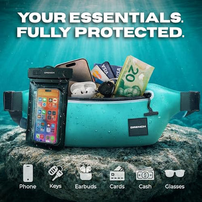 Drench 100% Waterproof Fanny Pack Teal – IPX8 Submersible Waterproof Phone Pouch Dry Bag Waist Pack for Kayaking, Snorkeling, Paddle Boarding, Surfing, Boating & Beach Travel Water Sports Gear - color: Teal