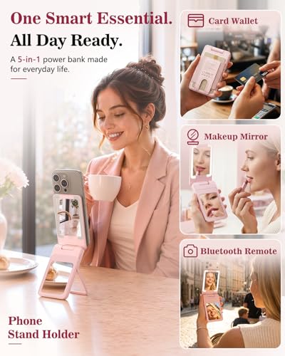 5-in-1 Magnetic Wireless Power Bank, 5000mAh Portable Charger with Mirror, Stand, Bluetooth Remote & Card Holder, MagSafe Compatible Travel Essential for iPhone&Samsung, USB-C Cable Included, Pink
