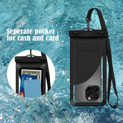 2 Waterproof Adjustable Lanyard Phone Pouch for iPhone 17/16 ProMax | IPX8 rated, Cruise use, Beach use, Card storage, Clear dry bag - color: Black+Black