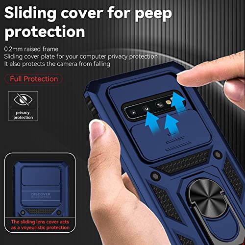 for Samsung Galaxy S10 Plus Case with Camera Lens Cover HD Screen Protector, Military-Grade Drop Tested Magnetic Ring Holder Kickstand Protective Phone Case for Samsung Galaxy S10+ Plus (Navy Blue) - color: Navy Blue with camera cover Military-Grade 2nd g