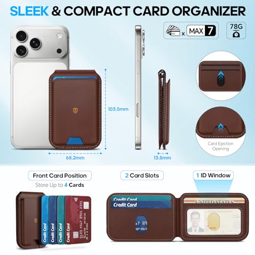 SHIELDON Genuine Leather Magnetic Wallet Stand for MagSafe, Retro Coffee | Strong Magnetic, 6 Card Holder, Kickstand, Angle Adjustment, Rfid Blocking, Quick-access, for iPhone 17/16/15/14/13/12 Series - color: Retro Coffee