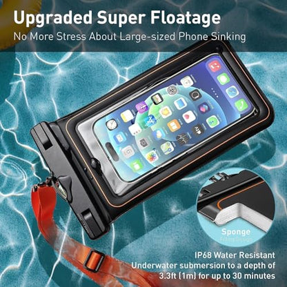 Floating Waterproof Dry Bag Black Orange Fits Phones Up to 7" | Adjustable Neck Cellphone Lanyard, Marine IP68 Certified, 2 Pack