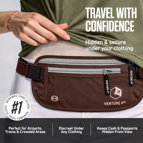VENTURE 4TH Travel Money Belt, RFID Blocking Passport Holder - Brown - color: Brown