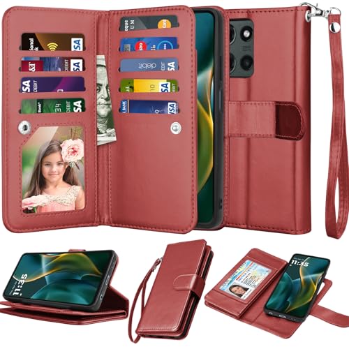 Njjex Wallet Case for Motorola Moto G 5G 2025, for Moto G 5G 2025 Case, [9 Card Slots] PU Leather ID Credit Card Holder Folio Flip [Detachable] Kickstand Magnetic Phone Cover & Lanyard [Wine Red] - color: Wine Red