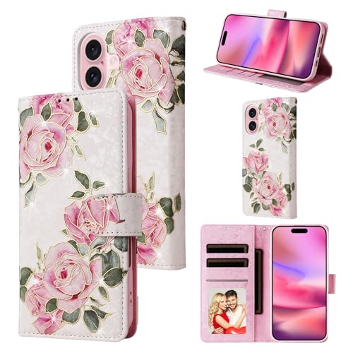 UEEBAI Wallet Case for iPhone 17, PU Leather Phone Cover Kickstand RFID Blocking Flip Case Card Slots Wrist Strap Relief Engraved Pattern Magnetic Closure Flower Folio Wallet, White Rose - color: White Rose, size: iPhone 17