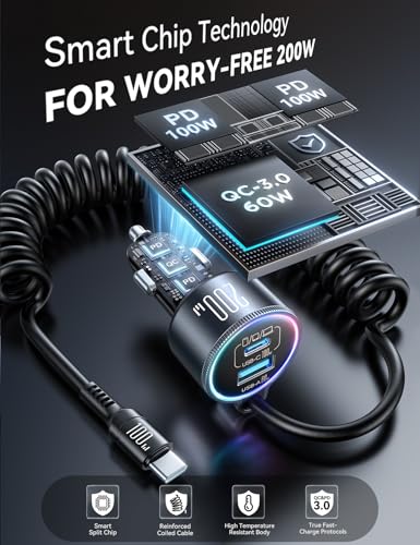 FLYLEAD 200W Car Charger USB C Fast Charge, [GaN] PD100W Fast Car Charger