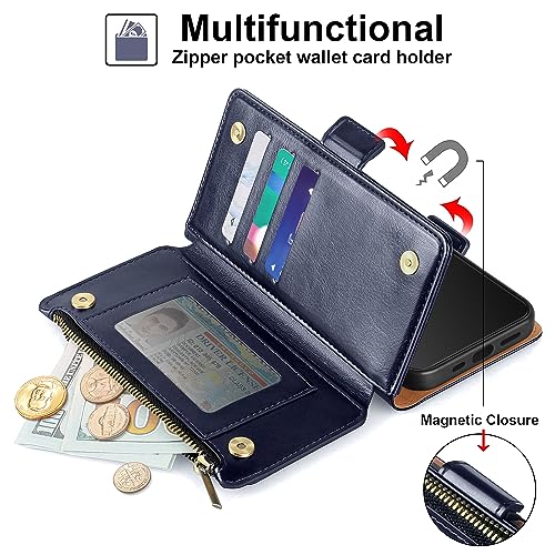 Antsturdy for iPhone 17 Pro Phone Wallet Case Women,Dark Blue | RFID Blocking,with Credit Card Holder Slots,PU Leather Purse,Zipper Pocket,Wrist Strap Kickstand,Flip Folio Cover for Men - color: Dark Blue