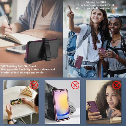 for Samsung Galaxy A16 5G case,A16 5G Heavy Duty case,with A Tempered Glass Screen Protector, [Military Grade Protective ] [Shockproof] [Dropproof] [Dust-Proof] (with Belt Clip-WineRed/Pink) | with A Tempered Glass Screen Protector - color: with Belt Clip