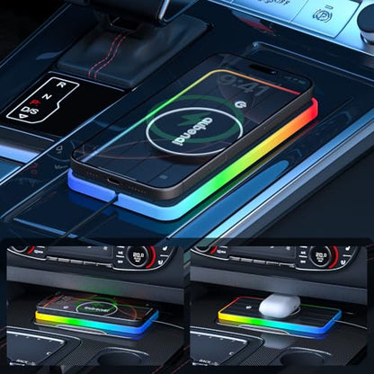 Magnetic Wireless Car Charger Pad, Aubenai 15W RGB Fast Wireless Charging Pad Non Slip Charging Mat with 70cm Extension Cable Compatible with Magsafe Charger iPhone 16 15 14 13 12 (Extension USB-C) - color: Black-Extension USB-C