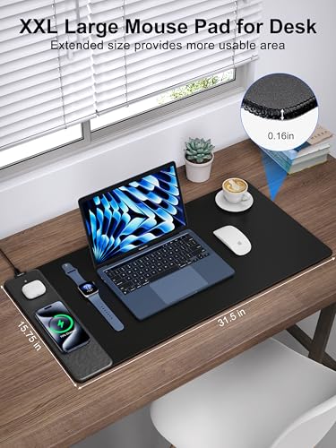 TopMade Wireless Charging Mouse Pad, 31.5"x15.75" XXL Large Desk Pad - color: Black-31.5"x15.8"