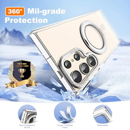for Samsung Galaxy S22/S23 Ultra Case with 360° Spin Stand,Clear | 360° Spin Magnetic Ring Stand,Compatible with Magsafe,Military Protection Phone Case - color: Clear, size: S22 Ultra & S23 Ultra