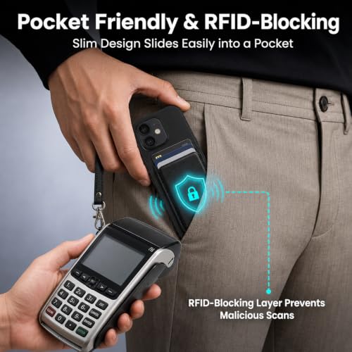 MagSafe Wallet with Wrist Strap, 3 Card Holder with RFID Blocking, MagSafe Sticker Included, Slim Magnetic Phone Wallet for iPhone 17e/17/16/15/14/13/12 Series and Selected Samsung Devices - color: Black