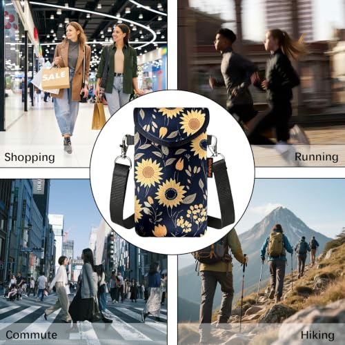 Neoprene Phone Sleeve Pouch Case Bag for Men Women w/Crossbody Strap/Neck Lanyard for iPhone 17/16/15/14 Pro Max, Samsung S25，Pixel 10 - color: Midnight Sunflower