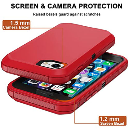 for iPhone SE 2020 Case, iPhone 8 Case, iPhone 7 Case with Belt Clip Holster, 2X Screen Protector, Heavy Duty Military Grade Rugged Shockproof Protective Cover for iPhone 7/8/SE 2nd - color: Red