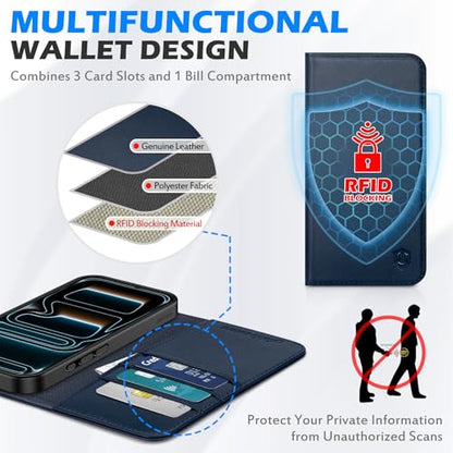 SHIELDON Genuine Leather Wallet Case for iPhone 17 Pro Max 6.9", Navy Blue | Magnetic Closure, RFID Blocking, Credit Card Holder, Viewing Stand, Foldable Design, Shockproof Protective Cover - color: Navy Blue