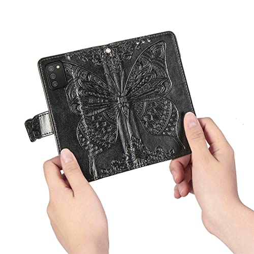 Wallet Case for Samsung Galaxy A03s with Card Holder Black | PU Leather Flip Phone Cover,Wrist Strap,Woman Man Purse,Emboss Butterfly Flower,Stand,Shockproof TPU Shell, Magnetic Closure - color: B Black
