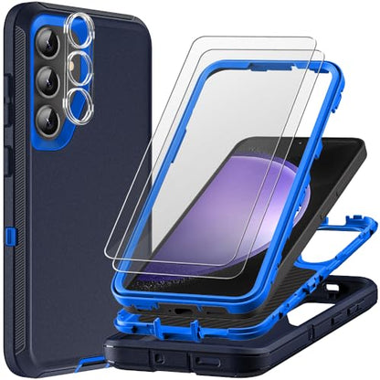 for Samsung Galaxy S23 FE Case with 2Pcs Tempered Glass Screen Protector and 1Pcs Camera Lens Protector, 3 in 1 Heavy Duty Shockproof/Drop Proof/Dust Proof Case (Navy Blue) - color: Navy Blue