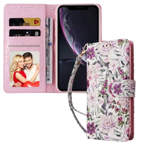UEEBAI Wallet Case for iPhone XR, PU Leather Phone Case Kickstand RFID Blocking Flip Case with Card Slots Wrist Strap Relief Engraved Pattern Magnetic Closure Folio Case - Violet - color: Violet