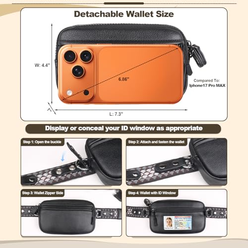 YFWE Clip and Go Phone Strap with Crossbody Wallet, Adjustable Phone Lanyard with Detachable RFID Wristlet Wallet, Anti-Theft Leather Purse with ID Window for Travel Essentials (Black) - color: Black