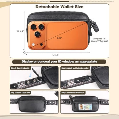 YFWE Clip and Go Phone Strap with Crossbody Wallet, Adjustable Phone Lanyard with Detachable RFID Wristlet Wallet, Anti-Theft Leather Purse with ID Window for Travel Essentials (Black) - color: Black