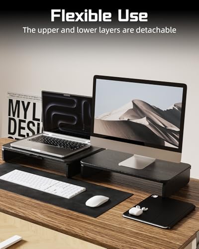 Wooden Monitor Stand Riser with Hidden Phone Holder, Black