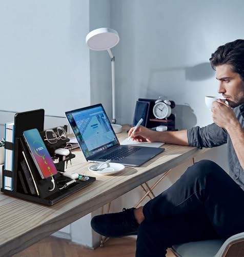 KOCWELL Wood Phone Docking Station, Gifts for Men, Nightstand Organizer Wood for Phone Tablet Earphones Watch Wallet Rings Pens Keys Notebook etc, Birthday Gifts for Men Husband Dad Boyfriend(Black)
