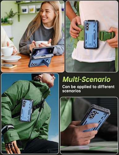 KJSK for Samsung Galaxy Z Fold 5 Case,with S Pen Holder+Belt Clip Holster+Built-in Kickstand+Hinge Protection,Heavy Duty Military Grade Drop Proof Case(Light Blue) - color: Light Blue