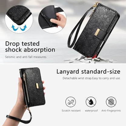 for iPhone 17 Pro Max Phone Case Wallet, Black | Built-in Card Holder (8-10 Cards), Zipper Pocket, Wrist Strap, Stand Kickstand, Flower PU Leather Protective Phone Case Women - color: Black, size: iPhone 17 Pro Max